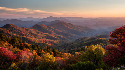 Blue Ridge Parkway mountains in Brevard, North Carolina draped in fiery autumn hues, showing peaceful golden hour scenery.