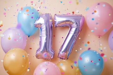 Colorful Celebration with Metallic 17 Balloon Surrounded by Balloons