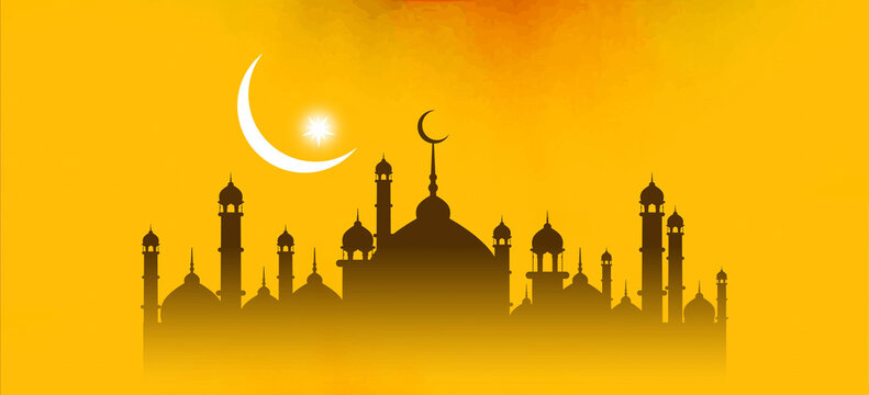 Golden crescent moon shines over silhouetted mosque skyline at sunset