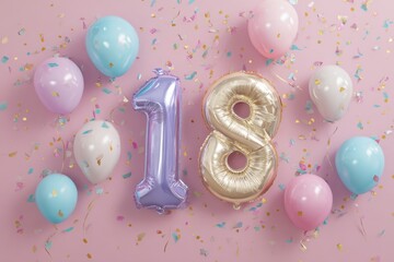 Colorful balloons and number 18 for birthday celebration backdrop