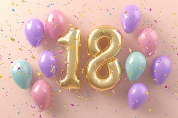Golden 18 Balloon Decoration for Celebration with Colorful Balloons