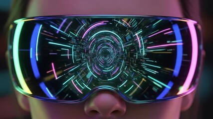 Futuristic VR headset with neon lights and digital tunnel, immersive virtual reality experience - Powered by Adobe