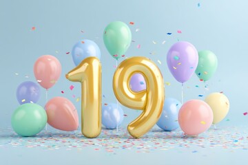 Festive Celebration with Golden Number Balloons and Colorful Confetti