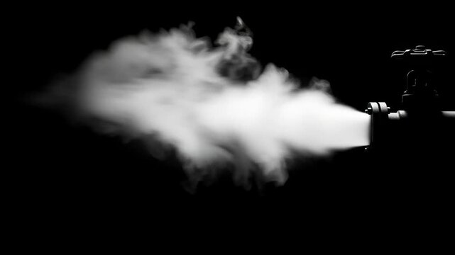 A black and white image shows steam billowing from a pipe with a valve, against a black background