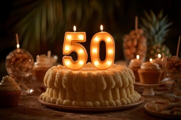 Elegant 50th Birthday Cake with Candles and Festive Decorations