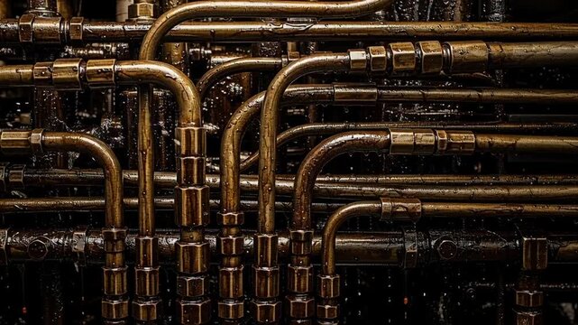 A close-up of a network of metallic pipes, covered in a dark, oily substance, showcasing various bends and connections