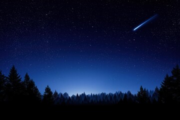Naklejka premium starry night sky with a shooting star over a forest silhouette. nighttime view of a blue sky full of stars and a comet. 