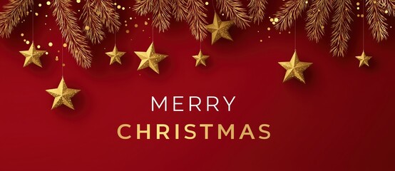 stylish christmas background with golden stars and garland lights on a red color banner, text "Merry Christmas" vector illustration design.