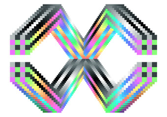 Pixel art design showing two mirrored X shapes with colorful gradient and 3D depth, created as an abstract geometric key visual for digital and graphic design.
