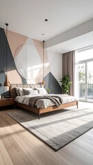 Modern bedroom with geometric wall art, wooden floor, and large window
