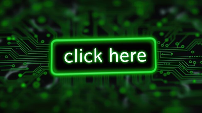 Neon green "click here" button on circuitboard