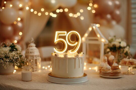 Elegant Birthday Celebration Cake with Golden Number 59 Decoration