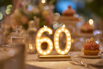 Elegant 60th Birthday Celebration Table with Soft Lighting and Treats