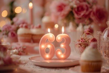 Elegant Birthday Celebration with Pink Candles and Cupcakes on Table