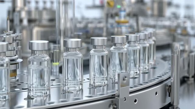 Glass vials filled with clear liquid move along a conveyor belt in a high tech pharmaceutical facility