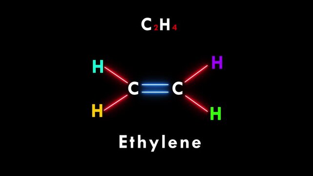 Ethylene (C2H4) molecular structure, Ethylene&rsquo;s double bond reacts with bromine to form dibromoethane. Chemical structural formula of Ethylene. (C2H4)
