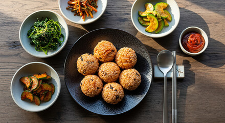 Korean Homemade Lunch with Kimchi Rice Balls and Side Vegetables