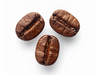Obraz premium Three coffee beans on white surface, top view, simple detail shot 