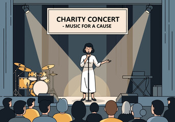 Person speaking at a charity concert with a band and audience.