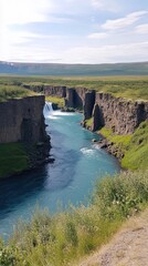 Discover the enchanting beauty of Godafoss waterfall in Iceland's stunning landscape with clear blue waters and rocky cliffs