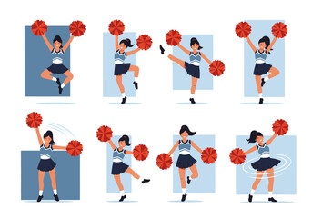 Cheerleaders in uniform performing various poses with pom-poms.