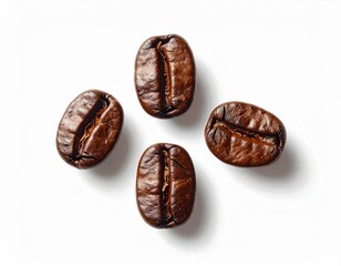 Three coffee beans on white surface, top view, simple detail shot 