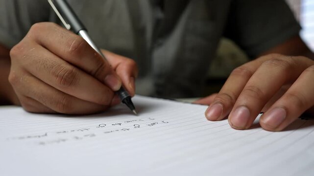 Close-Up of Handwriting in Notebook, Close-up of a person writing in a notebook with a pen