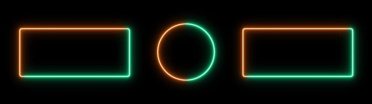 Abstract glowing geometric rectangle and circle frame on black background. neon geometric frame glowing animation.