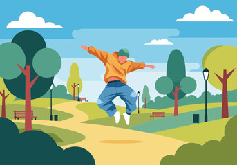 Person jumping in a park with trees and paths.