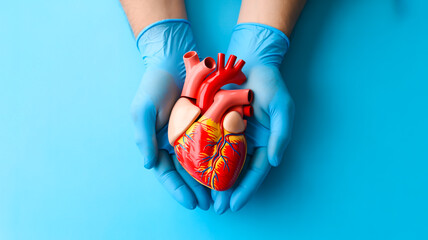 A medical photograph of hands wearing light blue nitrile gloves holding a bright red anatomical model of a human heart against a solid light blue backgrou
