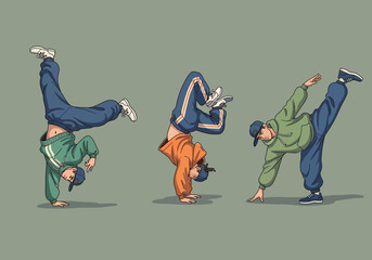 Three people breakdancing in dynamic poses.