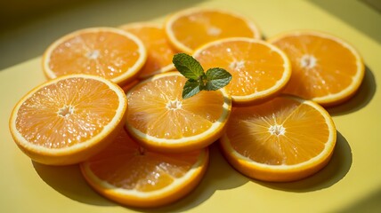 Freshly sliced oranges with mint leaves, vibrant citrus fruit arranged on a bright yellow surface