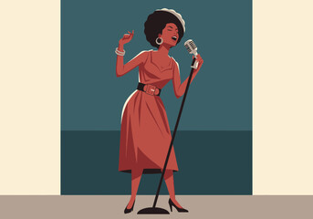 Woman singing into a vintage microphone on a stage.