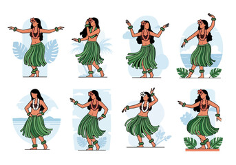 Women in grass skirts performing a traditional dance with floral adornments.