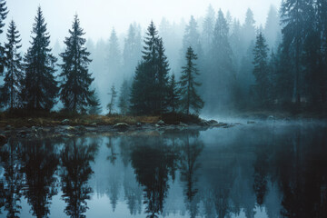 Misty forest foggy lake evergreen trees tranquil reflection evoke calm