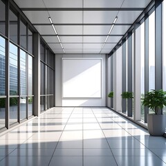 Modern, bright office hallway with a blank display and windows