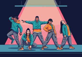 Five people in casual clothing dancing under a spotlight.