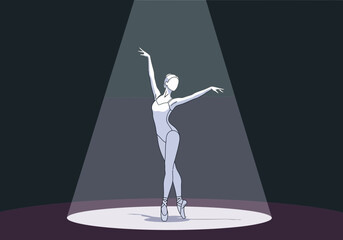 A graceful dancer performs a pose under a spotlight on a stage.