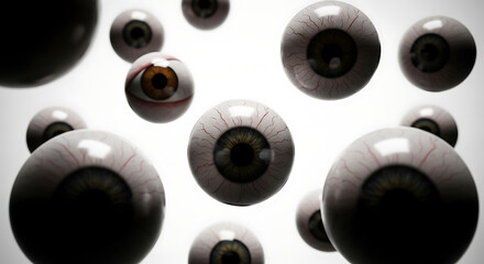 A collection of eyeballs floating in a white space with visible veins and different colored irises ai generated