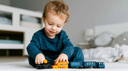 Excited young boy playing with a learning toy train on the floor, enjoying a fun and educational play experience during his early childhood development