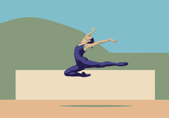 Dancer in mid-leap, performing a graceful ballet move.