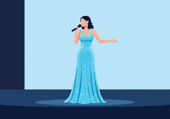 Woman in a sparkling blue gown sings into a microphone on stage.