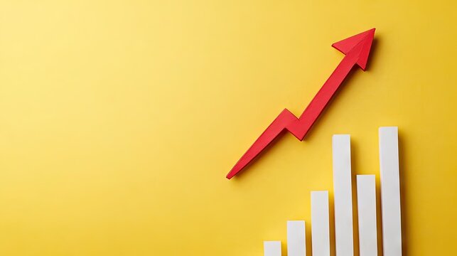 Dynamic upward arrow and colorful bar graph symbolizing business growth on vibrant yellow background