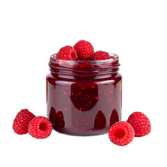 Jar of vibrant raspberry preserve with fresh berries scattered