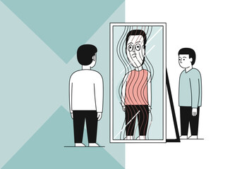 Man looking into a cracked mirror reflecting a distorted image.