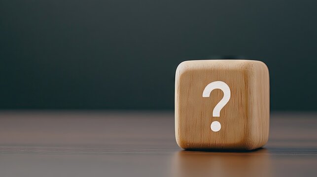 A minimalist wooden cube featuring a question mark symbol stands out against a dark, blurred background in a contemporary setting