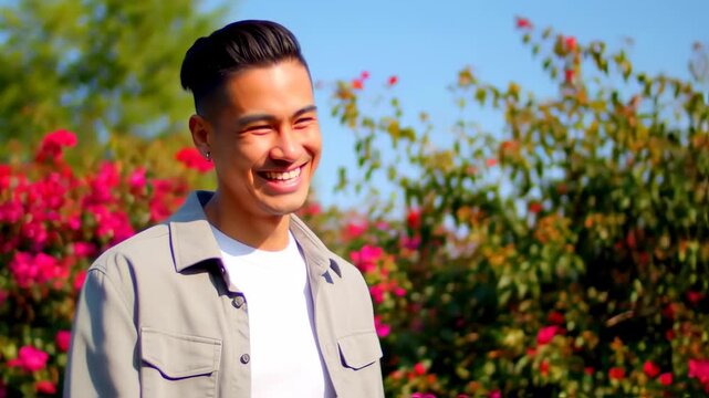 Smiling person with styled hair in front of bright pink flowers and a clear blue sky