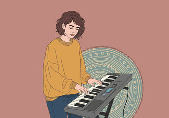 Person plays electronic keyboard with patterned circle behind.