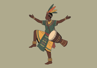Person in traditional attire dances with a drum.