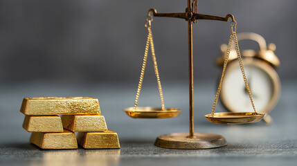 Stack of gold bars next to a vintage balance scale with a blurred alarm clock representing the importance of time in finance